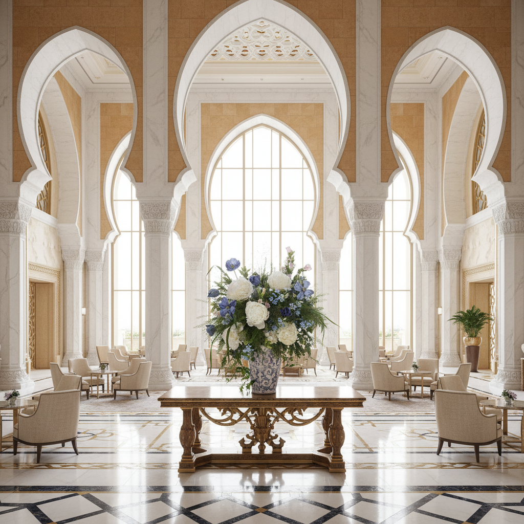 White Peony Purple Tulip Blue Pink Bellflower Blue Star Flower Fountain Grass and Green Fan