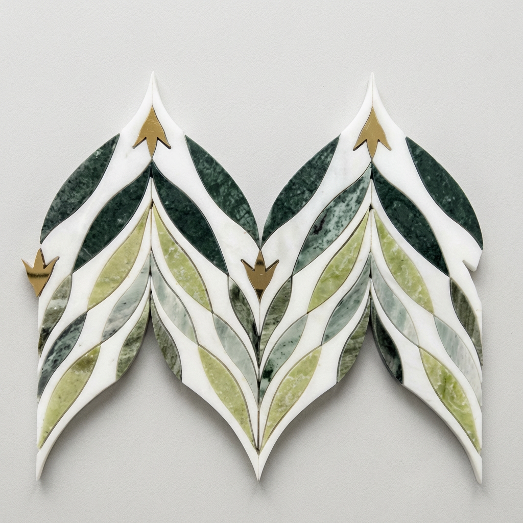 Emerald Foliage & Brass Waterjet Marble Mosaic
