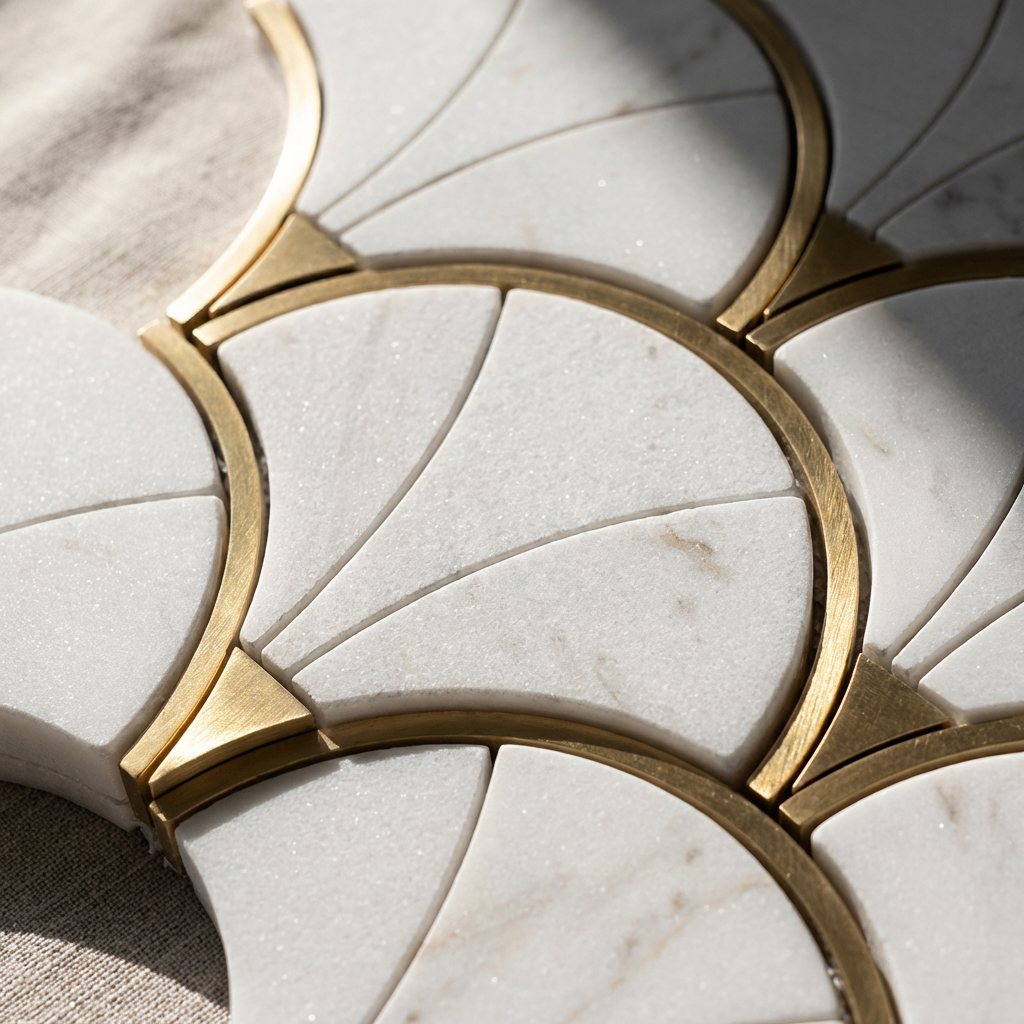 Gilded Art Deco Fan Waterjet Marble Mosaic