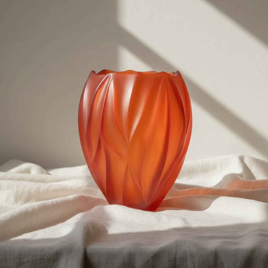 Carved Petal Frosted-Glass Vase, Coral