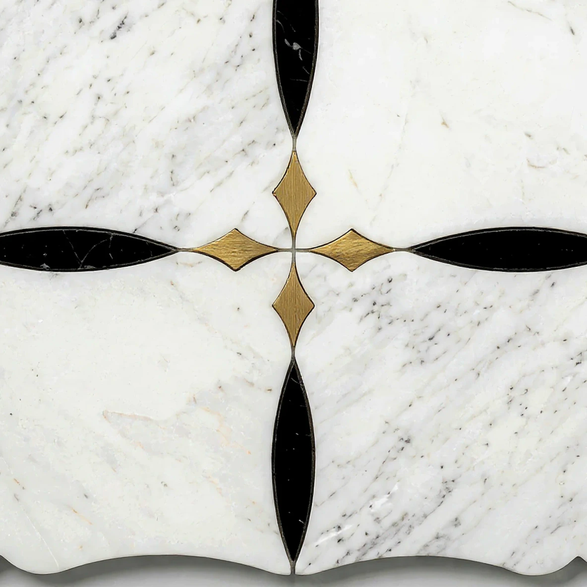Close view of Art Deco Empress Waterjet Marble & Brass Mosaic